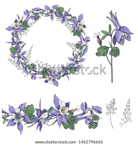 Wreath Aquilegia drawing floral vector set for holiday decoration and greeting cards Royalty-Free Stock Photo #1462796666