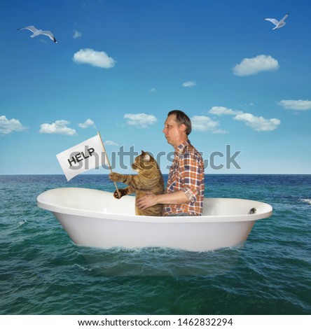 The man with his cat are drifting in a bathtub on the sea after a shipwreck. The cat holds a sign that says help.