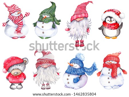 Set of Christmas cartoon characters, wearing knitted hats, scarves and mittens. Cute snowmen, teddy bear, penguin and scandinavian dwarf. Watercolor isolated on white background. 
