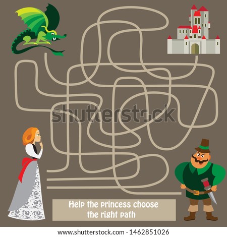 puzzle for children 3-6 years on a fabulous theme. Labyrinth. We must help the Princess to avoid the meeting with the dragon and the robber and get to the castle. vector illustration. EPS 10.