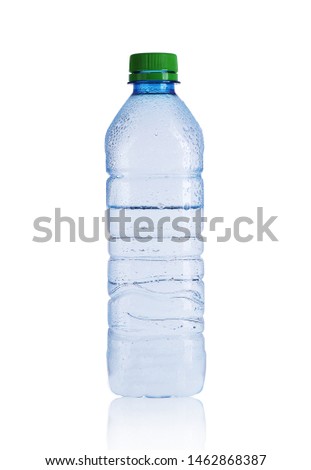 small bottle with mineral water on a white background