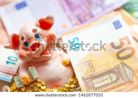 Funny piggy bank with euro cash around, close up - Image