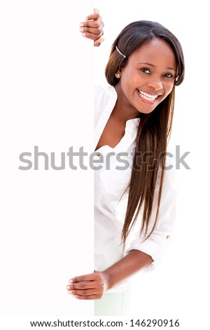 Happy woman with a banner - isolated over a white background