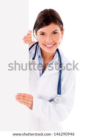 Female doctor with a banner ad - isolated over white background 