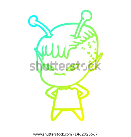 cold gradient line drawing of a cute cartoon alien girl
