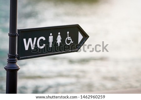 WC logo, sign of public toilets in the street against water background. For female, male and disabled people. Toilet, washroom and bathroom