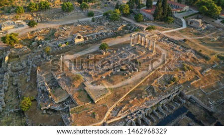 Aerial drone photo of iconic archaeological site of Ancient Corinth built in the slopes of Acrocorinth, Peloponnese, Greece Royalty-Free Stock Photo #1462968329