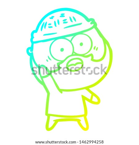 cold gradient line drawing of a cartoon bearded man holding up hand
