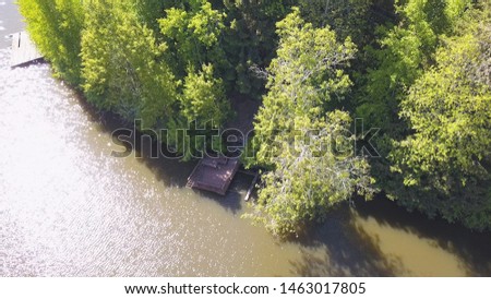 Peaceful river and forested shore, shot by drone. Clip. Aerial for the natural landscape with a river, wooden pier and many green trees along the coast in a sunny summer day.