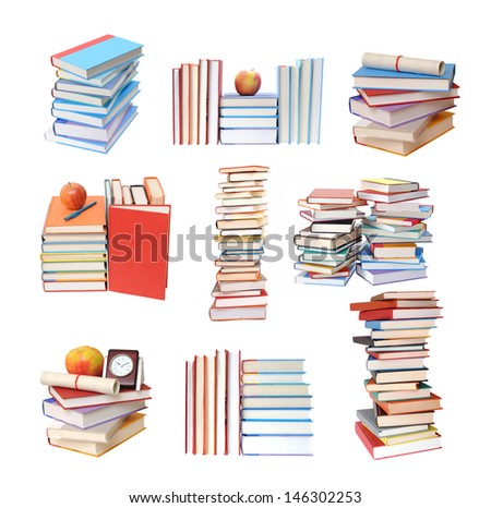 many piles of books isolated on white background 