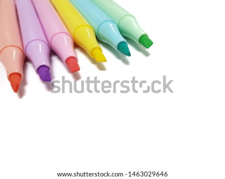 A collection of pastel hi light pen or marker on white background. Stationary concept. Trick for remembering text.