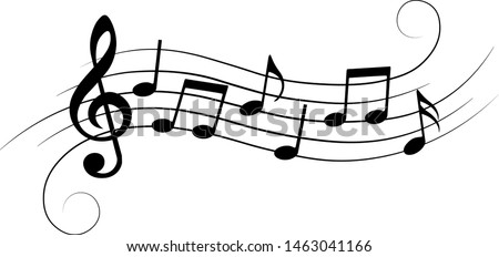 Music notes and symbols, with curves and swirls, isolated, vector illustration.