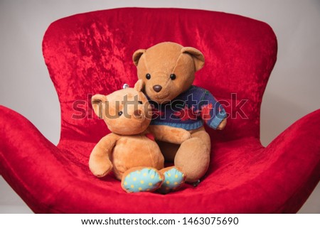 Teddy Bear toys pair with Love, Valentines day love, Sitting on a red chair, Love couples