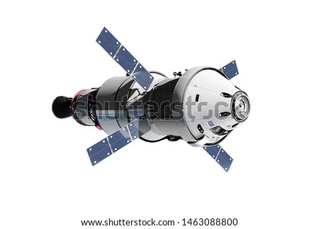 The spaceship module, with solar batteries, isolated on a white background. Elements of this image were furnished by NASA Royalty-Free Stock Photo #1463088800