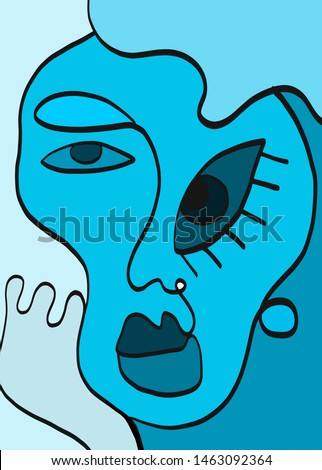 Cubism style portrait face. Modern art. Creative composition. Futuristic shapes, geometric elements, brush. Abstraction graphic print. 