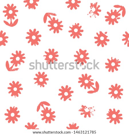 Spring flowers seamless vector pattern. Red and white hand drawn grunge floral elements. Cute retro backdrop. Silhouettes of flowers for design fabric, paper, wrapping.
