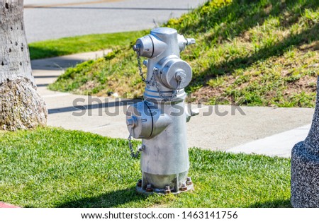 Fire fighting public system Fire hydrant silver color painted outdoors in a park, sunny spring day