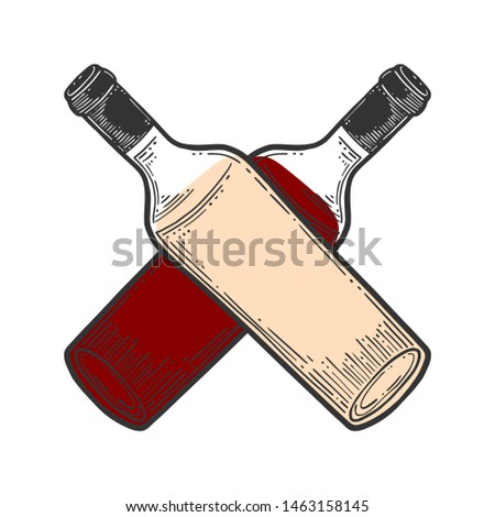 Wine bottle, glass. Vector in doodle and sketch style. Isolated on white background