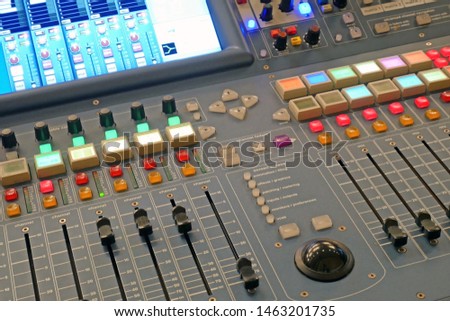 Remote sound equipment closeup, Mixing console for music and sound producer. Sound controller. Director's remote