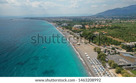 Aerial drone panoramic view of sandy beach, bay and seaside town of Kalamata in South Peloponnese, Messinia, Greece