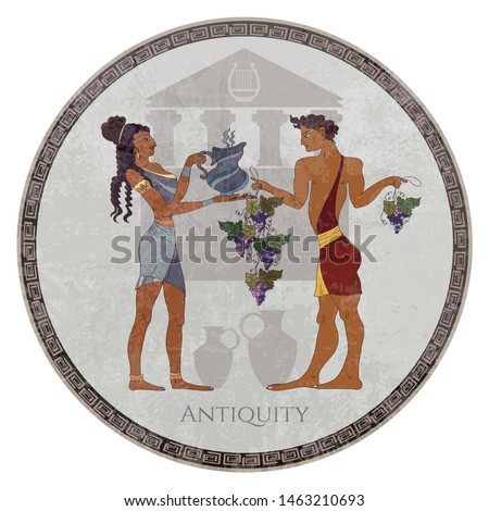 Minoan civilization frescos. Goddess and slave. Ancient Greece art. Crete and Heraklion scene. Knossos murals mythology  Royalty-Free Stock Photo #1463210693