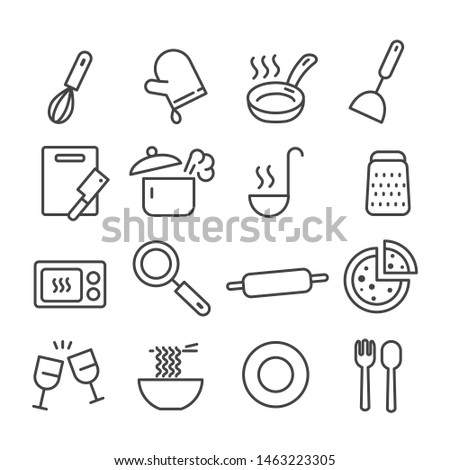 Set of kitchenware such as cutting board, rolling pin icon isolated. Modern outline on white background