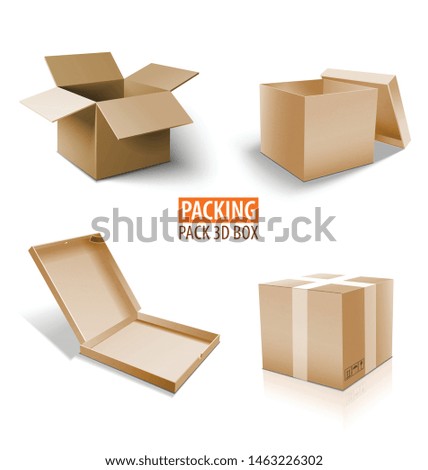 Carton packaging 3d box. Brown delivery set of different sized packages with postal signs of fragile. Set of closed and open cardboard boxes on white background.