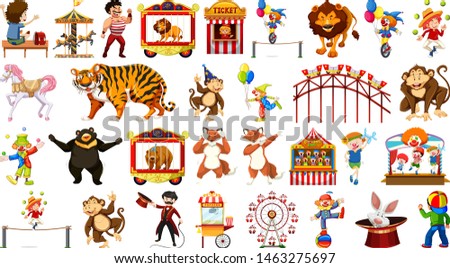 Huge circus collection with mixed animals, people, clowns and rides illustration