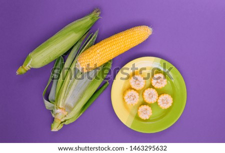 A plate with corn on a purple background. Corn slices. Cereal product. A dish of corn.