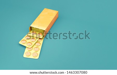Unhealthy pizza in a drug blister packaging and open box. Diet food concept medicines pharmaceutical idea 3d illustration. 