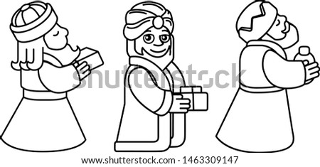A Christmas nativity scene coloring cartoon, with with three wise men or magi and arriving with their gifts. Christian religious illustration.