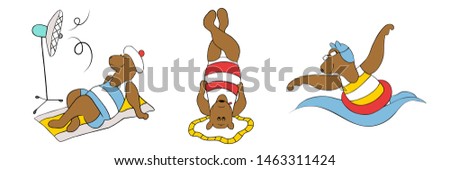 Bears in swimsuit in various poses. Flat icons stickers set. Summer time theme. Vector illustration.