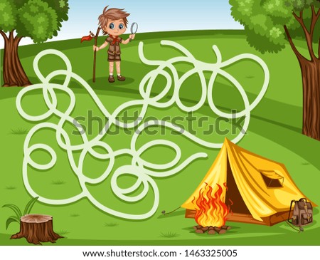 Maze Game Help the Little Boy Scout to Rich the Camping Tent, Backpack and Campfire. Vector Illustration Activity Game for Kids. Labyrinth Vector Cartoon Game