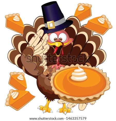 Turkey Happy Thanksgiving Character with Pumpkin Pie Vector Illustration 
