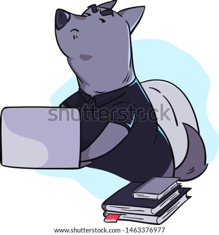 Serious boss gray dog ​​in a black polo shirt works behind a laptop, next to him a stack of books. Vector illustration of a project manager