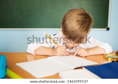 Little cute boy in school writes in a notebook