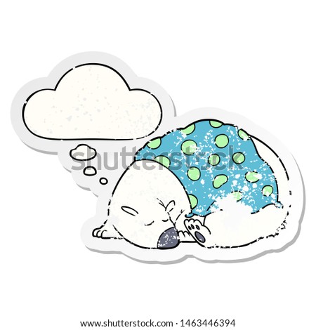 cartoon polar bear sleeping with thought bubble as a distressed worn sticker