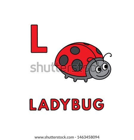 Alphabet with cute cartoon animals isolated on white background. Flashcard for children education. Vector illustration of ladybug and letter L
