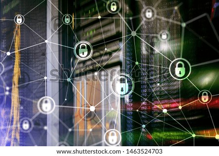 Cyber security, information privacy, data protection concept on modern server room background. Internet and digital technology concept