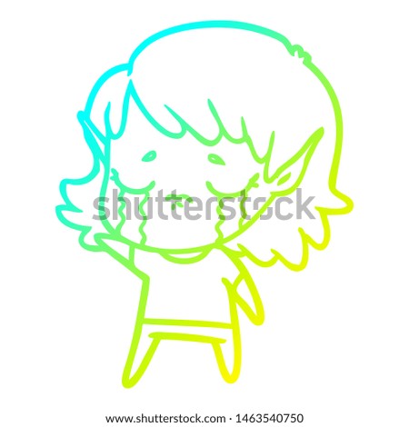 cold gradient line drawing of a cartoon crying elf girl