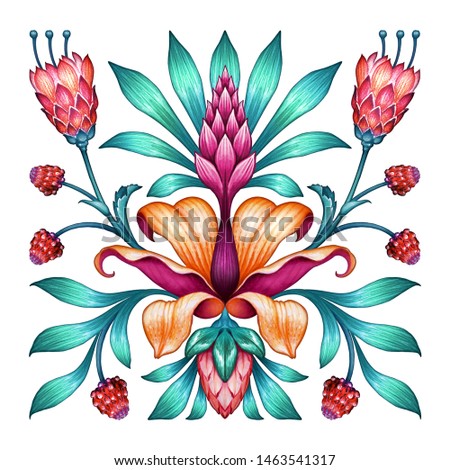 ethnic floral ornament, red green folklore motif isolated on white background, square botanical kerchief design, traditional embroidery pattern, modern boho fashion print, watercolor illustration
