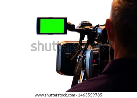 Green LCD display on high definition television camera. Videographer at work removes the story for the news. Template template for the design of information about the TV. Isolated on white background.