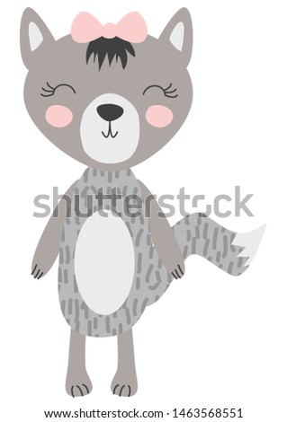 Hand drawn illustration of a cute funny wolf girl. Scandinavian style flat design. Concept for children print.