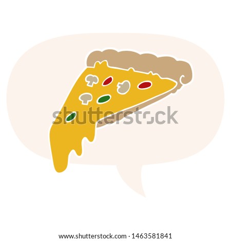 cartoon pizza slice with speech bubble in retro style