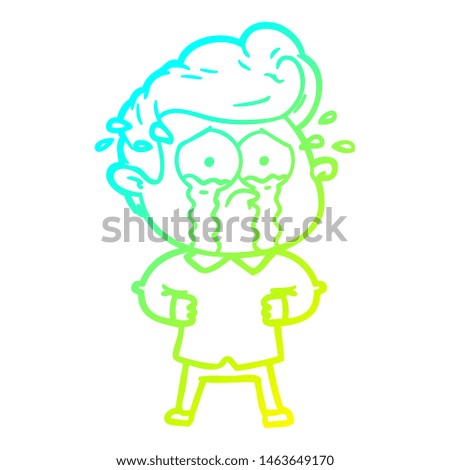 cold gradient line drawing of a cartoon crying man with hands on hips