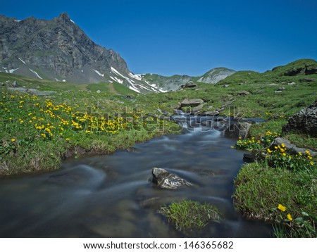 Mountain stream and alpine landscape