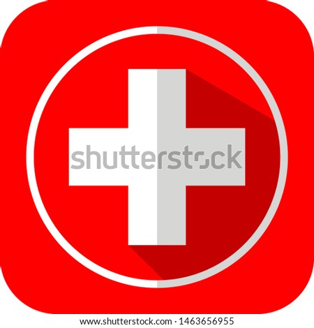 white cross in a white circle which is used to refer to medicine with long shadow on red background.vector.