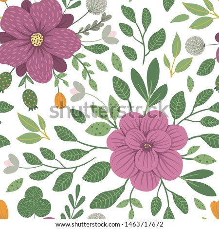Vector floral seamless background. Flat trendy illustration with flowers, leaves, branches. Repeating pattern with meadow, woodland, forest plants