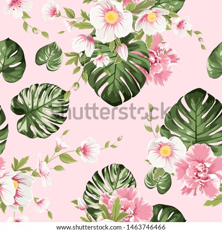 Exotic floral seamless pattern blooming pink flowers on white background with monstera philodendron leaf. Elegant template for fashion prints. Vector design illustration.