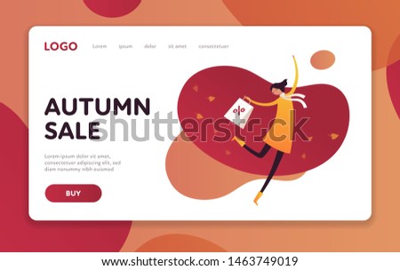 Vector character autumn sale banner template. Flat female in coat with scarf hold shopping bag on abstract fluid red shape. Design element for poster, promotion, card, media, layout